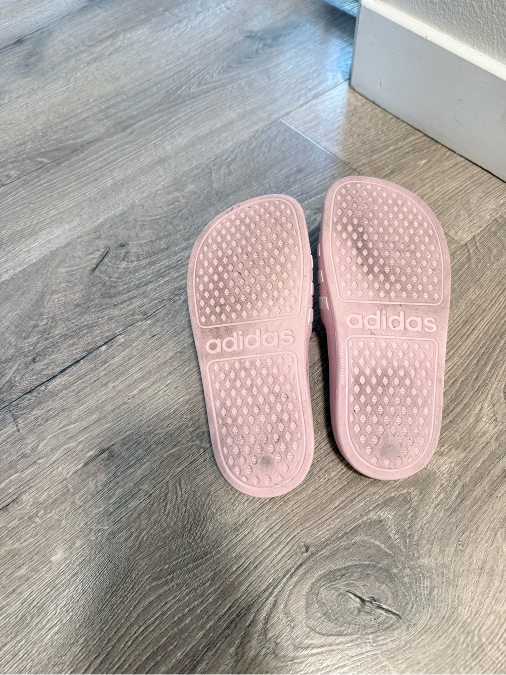 adidas Pink Slide Sandals with White Stripes - Kids - Picture 6 of 7